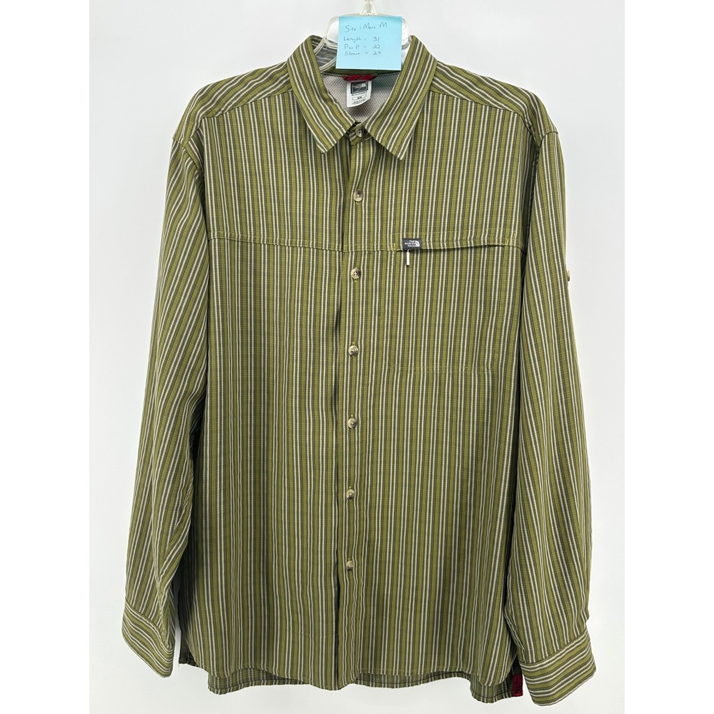 The North Face Mens Medium Olive Green Striped Long Sleeve Hiking Button Down